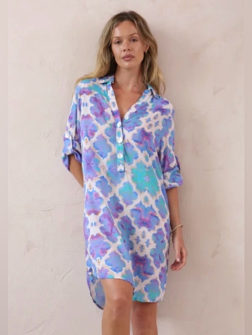 Sophia Alexis London Watercolor Ikat Rayon Tunic Blouse Beach Coverup Small